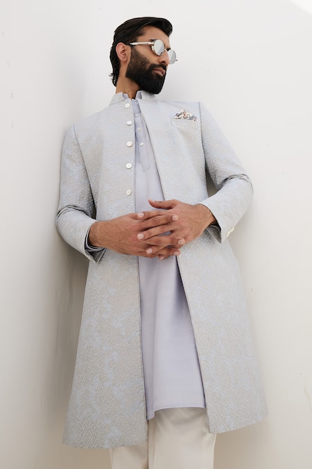 Shop_Arjan Dugal_Blue Banarasi Silk Embroidered Thread And Zari Work Achkan Set _Online_at_Aza_Fashions