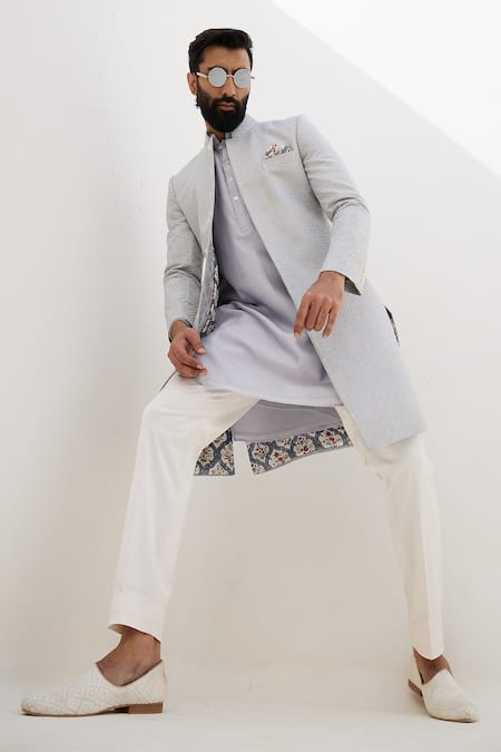 Shop_Arjan Dugal_Blue Banarasi Silk Embroidered Thread And Zari Work Achkan Set _at_Aza_Fashions