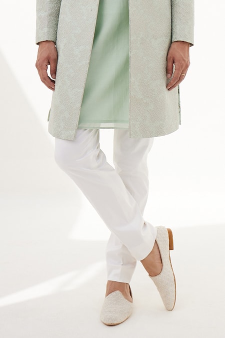 Buy Arjan Dugal Green Banarasi Silk Embroidered Thread And Zari Work Scalloped Achkan Set Online at Aza Fashions Buy_Arjan Dugal_Green Banarasi Silk Embroidered Thread And Zari Work Scalloped Achkan Set _Online_at_Aza_Fashions