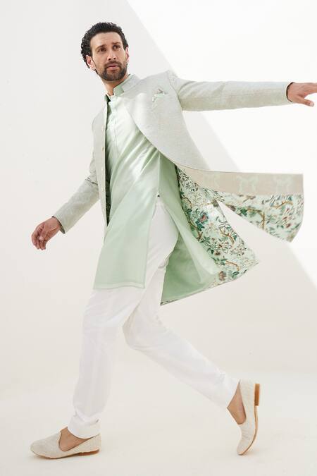 Arjan Dugal Green Banarasi Silk Embroidered Thread And Zari Work Scalloped Achkan Set at Aza Fashions Arjan Dugal_Green Banarasi Silk Embroidered Thread And Zari Work Scalloped Achkan Set _at_Aza_Fashions