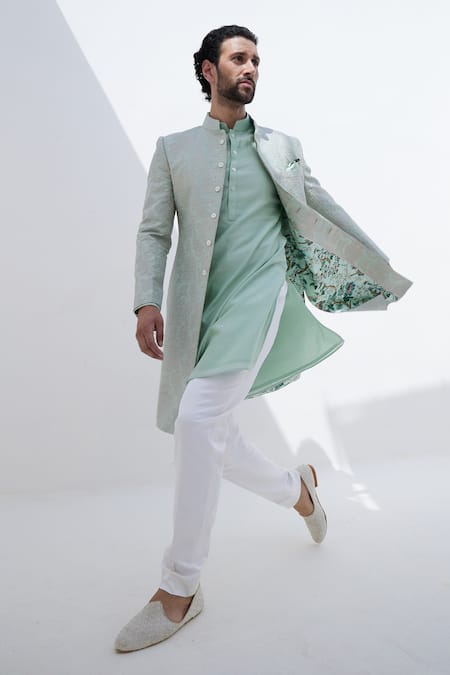 Buy Arjan Dugal Green Banarasi Silk Embroidered Thread And Zari Work Scalloped Achkan Set Buy_Arjan Dugal_Green Banarasi Silk Embroidered Thread And Zari Work Scalloped Achkan Set