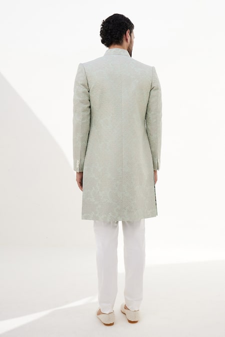 Shop Arjan Dugal Green Banarasi Silk Embroidered Thread And Zari Work Scalloped Achkan Set at Aza Fashions Shop_Arjan Dugal_Green Banarasi Silk Embroidered Thread And Zari Work Scalloped Achkan Set _at_Aza_Fashions