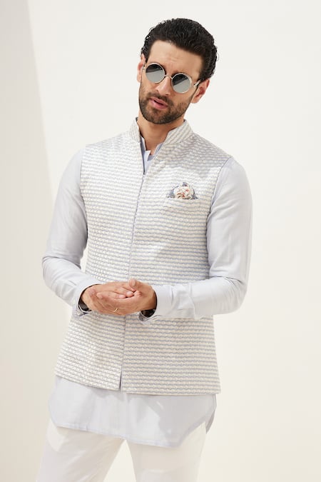 Shop_Arjan Dugal_Blue Chanderi Silk, Cotton Satin, Cotton, Lycra Short Kurta And Pant Set _Online_at_Aza_Fashions