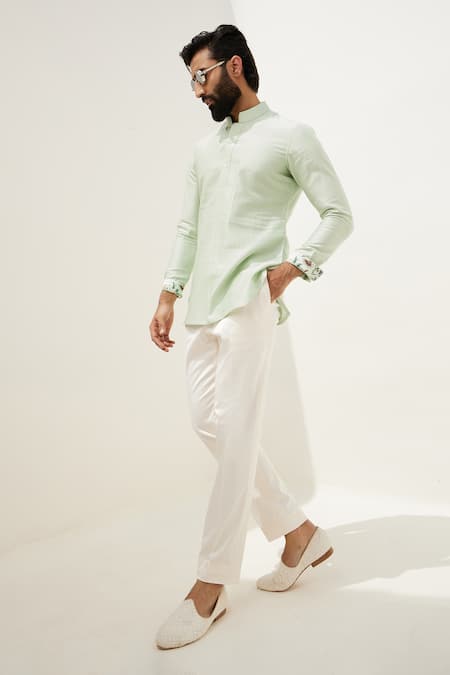 Shop_Arjan Dugal_Green Chanderi Silk, Cotton Kurta And Pant Set _Online_at_Aza_Fashions