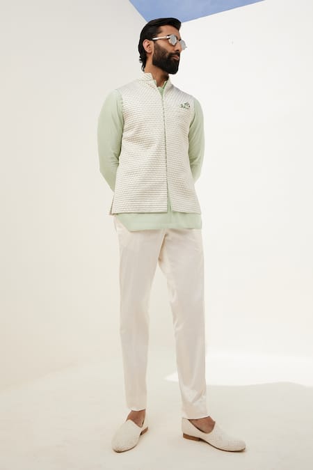 Arjan Dugal_Green Chanderi Silk, Cotton Kurta And Pant Set _at_Aza_Fashions