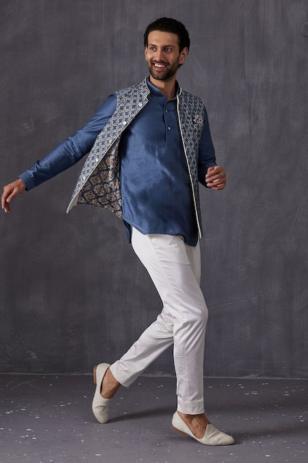 Arjan Dugal_Blue Chanderi Silk, Cotton Satin, Cotton, Lycra Cut Asymmetric Kurta And Pant Set _Online_at_Aza_Fashions
