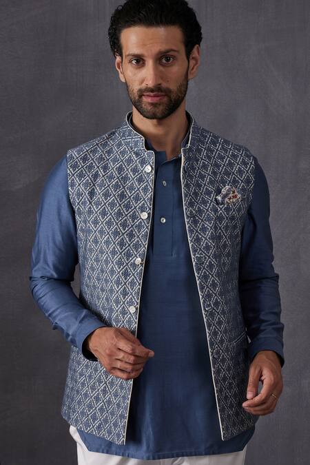 Buy_Arjan Dugal_Blue Chanderi Silk, Cotton Satin, Cotton, Lycra Cut Asymmetric Kurta And Pant Set _Online_at_Aza_Fashions