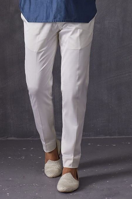 Shop_Arjan Dugal_Blue Chanderi Silk, Cotton Satin, Cotton, Lycra Cut Asymmetric Kurta And Pant Set _Online_at_Aza_Fashions