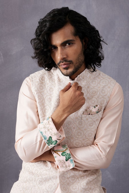 Shop Arjan Dugal Pink Chanderi Silk, Cotton, Lycra Solid Kurta Set Online at Aza Fashions Shop_Arjan Dugal_Pink Chanderi Silk, Cotton, Lycra Solid Kurta Set _Online_at_Aza_Fashions