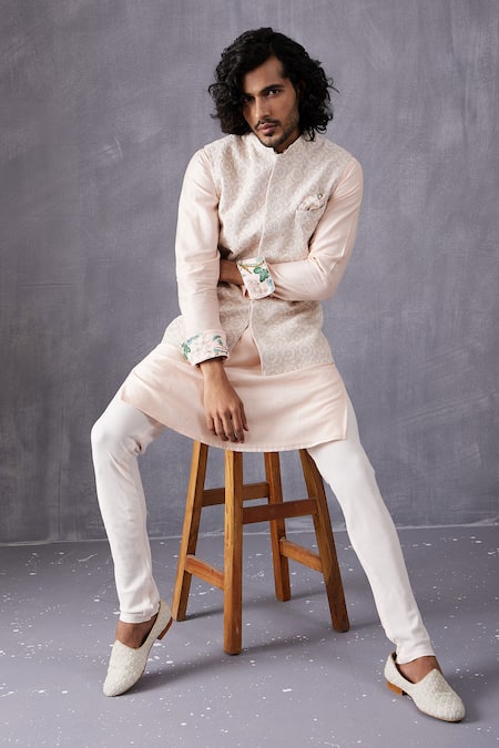 Shop Arjan Dugal Pink Chanderi Silk, Cotton, Lycra Solid Kurta Set at Aza Fashions Shop_Arjan Dugal_Pink Chanderi Silk, Cotton, Lycra Solid Kurta Set _at_Aza_Fashions