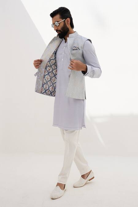 Arjan Dugal_Blue Chanderi Silk, Cotton Satin, Cotton, Lycra Plain Kurta Set _Online_at_Aza_Fashions