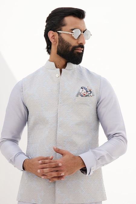 Arjan Dugal_Blue Chanderi Silk, Cotton Satin, Cotton, Lycra Plain Kurta Set _at_Aza_Fashions