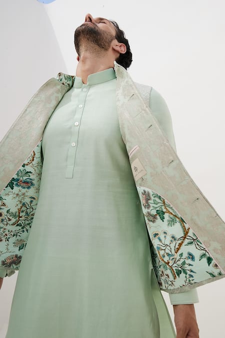 Buy Arjan Dugal Green Chanderi Silk, Cotton Satin, Cotton, Lycra Sage Kurta Set Online at Aza Fashions Buy_Arjan Dugal_Green Chanderi Silk, Cotton Satin, Cotton, Lycra Sage Kurta Set _Online_at_Aza_Fashions