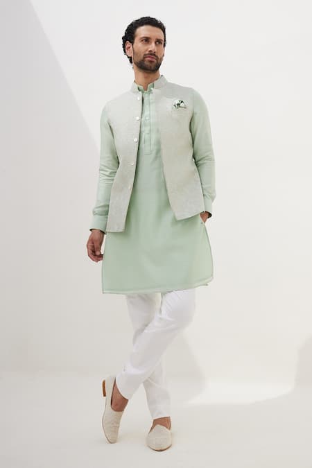 Shop Arjan Dugal Green Chanderi Silk, Cotton Satin, Cotton, Lycra Sage Kurta Set at Aza Fashions Shop_Arjan Dugal_Green Chanderi Silk, Cotton Satin, Cotton, Lycra Sage Kurta Set _at_Aza_Fashions