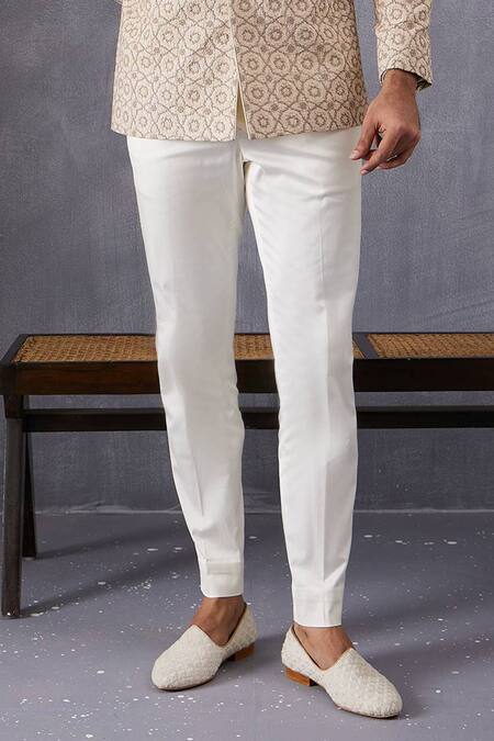 Arjan Dugal_Beige Chanderi Silk, Cotton, Lycra Embroidery Bandhgala Set _Online_at_Aza_Fashions