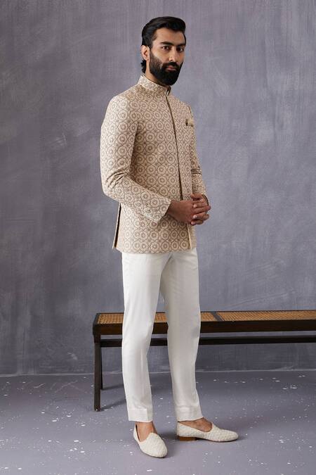 Buy_Arjan Dugal_Beige Chanderi Silk, Cotton, Lycra Embroidery Bandhgala Set _Online_at_Aza_Fashions