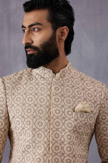 Arjan Dugal_Beige Chanderi Silk, Cotton, Lycra Embroidery Bandhgala Set _at_Aza_Fashions