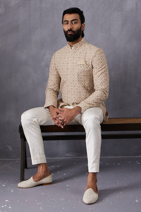 Arjan Dugal Chanderi Silk Embroidered Bandhgala Set 