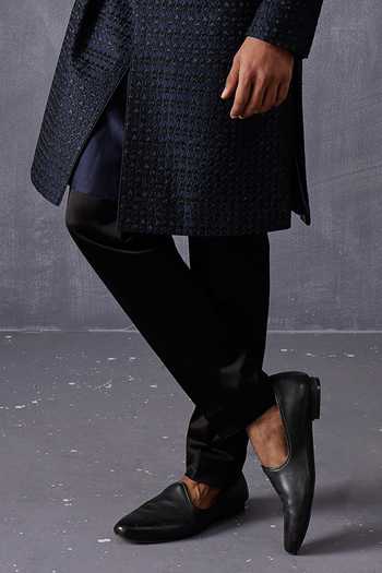 Arjan Dugal_Blue Chanderi Silk, Cotton, Lycra Embroidery Geometric Achkan Set _Online_at_Aza_Fashions
