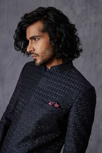 Buy_Arjan Dugal_Blue Chanderi Silk, Cotton, Lycra Embroidery Geometric Achkan Set _Online_at_Aza_Fashions