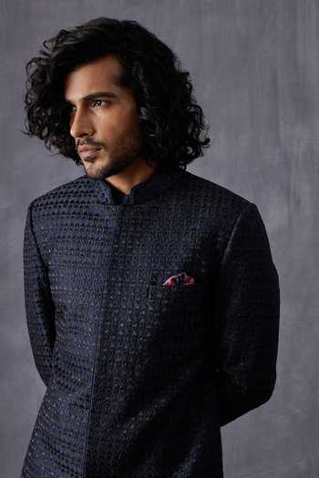 Arjan Dugal_Blue Chanderi Silk, Cotton, Lycra Embroidery Geometric Achkan Set _at_Aza_Fashions