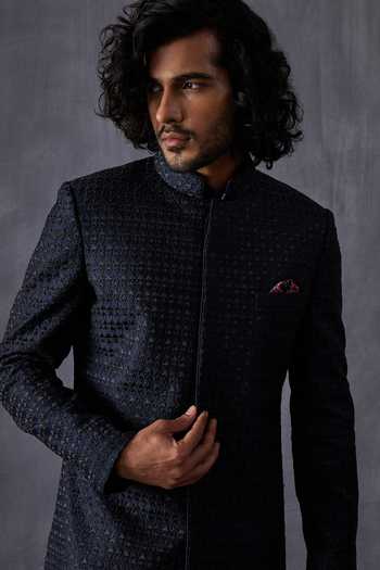 Buy_Arjan Dugal_Blue Chanderi Silk, Cotton, Lycra Embroidery Geometric Achkan Set 