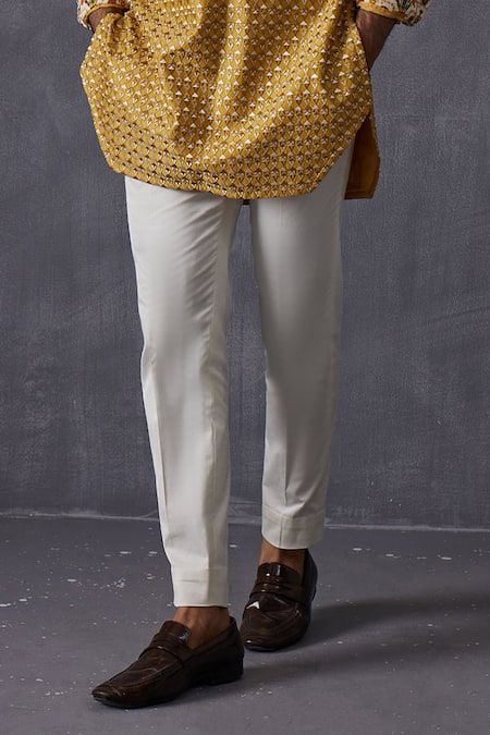 Arjan Dugal_Yellow Chanderi Silk, Satin, Embroidery Kurta And Pant Set _Online_at_Aza_Fashions