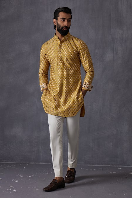 Buy_Arjan Dugal_Yellow Chanderi Silk, Satin, Embroidery Kurta And Pant Set _Online_at_Aza_Fashions
