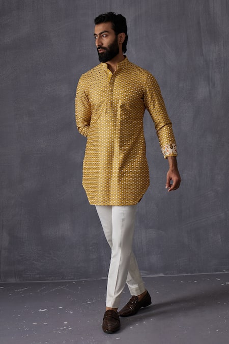 Arjan Dugal_Yellow Chanderi Silk, Satin, Embroidery Kurta And Pant Set _at_Aza_Fashions