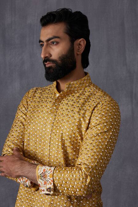 Buy_Arjan Dugal_Yellow Chanderi Silk, Satin, Embroidery Kurta And Pant Set 