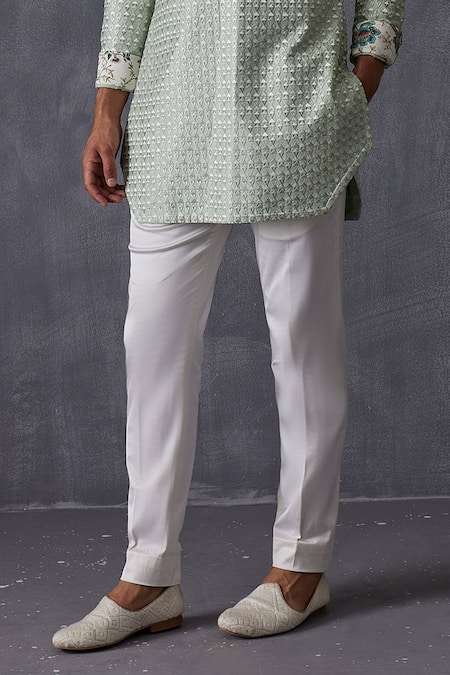 Arjan Dugal_Green Chanderi Silk, Cotton Satin, Cotton, Lycra Embroidery Sage Kurta Set _Online_at_Aza_Fashions