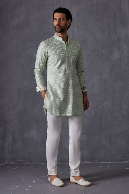 Buy_Arjan Dugal_Green Chanderi Silk, Cotton Satin, Cotton, Lycra Embroidery Sage Kurta Set _Online_at_Aza_Fashions