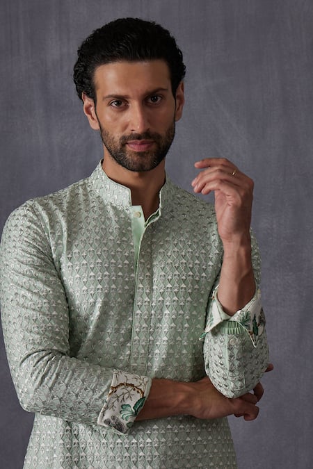 Shop_Arjan Dugal_Green Chanderi Silk, Cotton Satin, Cotton, Lycra Embroidery Sage Kurta Set _Online_at_Aza_Fashions