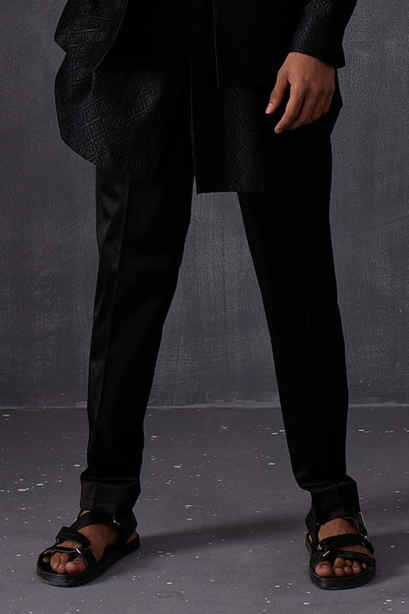 Arjan Dugal_Black Chanderi Silk, Cotton Satin, Cotton, Lycra Embroidery Kurta Set _Online_at_Aza_Fashions