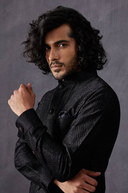 Arjan Dugal_Black Chanderi Silk, Cotton Satin, Cotton, Lycra Embroidery Kurta Set _at_Aza_Fashions