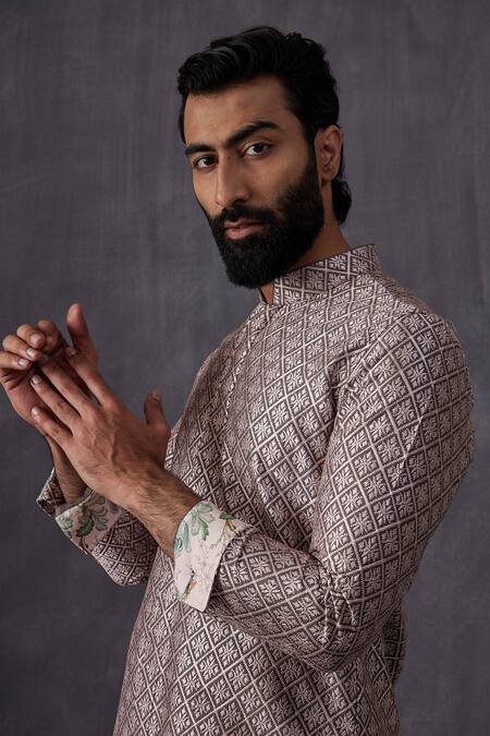 Buy_Arjan Dugal_Grey Chanderi Silk, Cotton Satin, Cotton, Lycra Embroidery Thread Kurta Set 