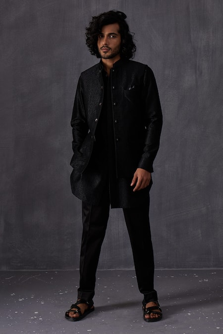 Arjan Dugal_Black Chanderi Silk Embroidery Bundi _Online_at_Aza_Fashions