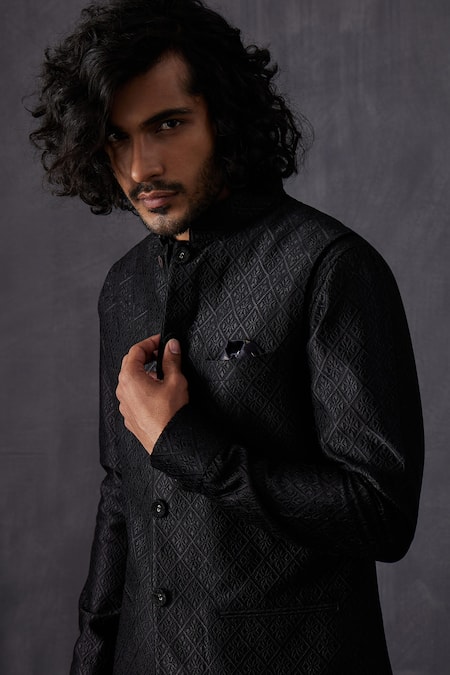 Arjan Dugal_Black Chanderi Silk Embroidery Bundi _at_Aza_Fashions