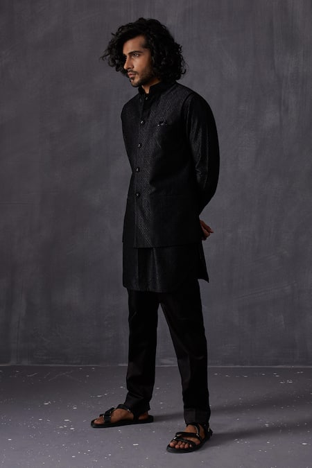 Arjan Dugal Black Chanderi Silk Embroidered Bundi 