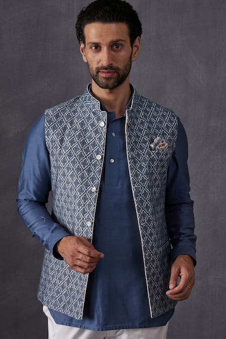 Buy_Arjan Dugal_Blue Chanderi Silk Embroidery Floral Bundi _Online_at_Aza_Fashions