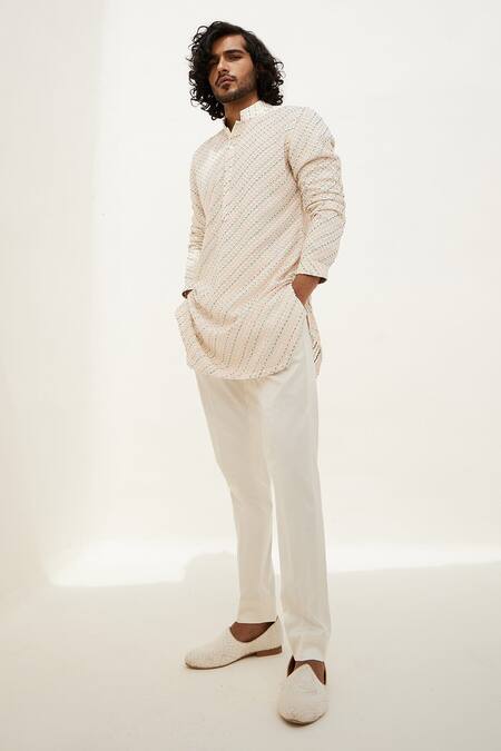 Shop_Arjan Dugal_Ivory Cotton, Silk, Georgette, Lycra Embroidery Floral Kurta With Pant _Online_at_Aza_Fashions