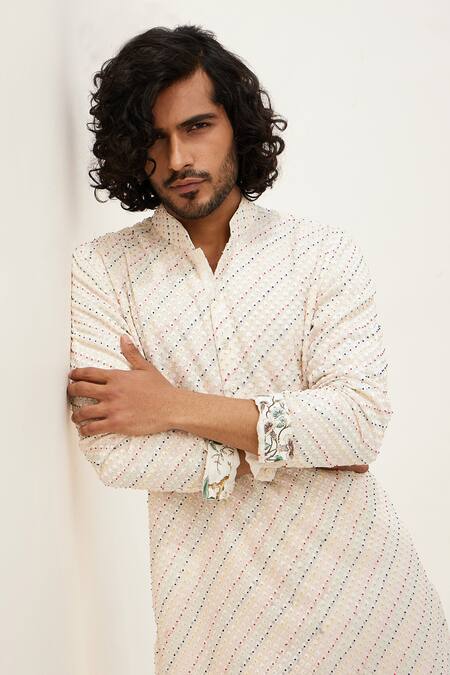 Arjan Dugal_Ivory Cotton, Silk, Georgette, Lycra Embroidery Floral Kurta With Pant _at_Aza_Fashions