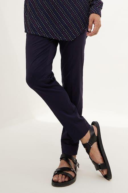 Arjan Dugal_Blue Cotton, Silk, Georgette, Lycra Embroidery Floral Stripe Kurta With Pant _Online_at_Aza_Fashions