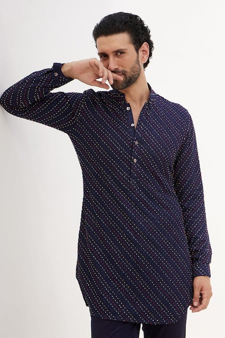 Buy_Arjan Dugal_Blue Cotton, Silk, Georgette, Lycra Embroidery Floral Stripe Kurta With Pant _Online_at_Aza_Fashions