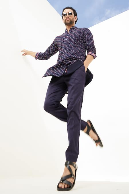 Arjan Dugal_Blue Cotton, Silk, Georgette, Lycra Embroidery Floral Stripe Kurta With Pant _at_Aza_Fashions