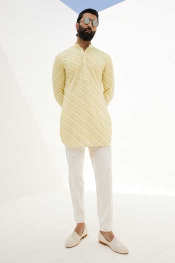 Buy_Arjan Dugal_Yellow Cotton, Silk, Georgette, Lycra Straight Floral Kurta With Pant _Online_at_Aza_Fashions
