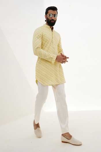 Shop_Arjan Dugal_Yellow Cotton, Silk, Georgette, Lycra Straight Floral Kurta With Pant _Online_at_Aza_Fashions