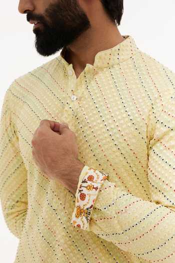 Arjan Dugal_Yellow Cotton, Silk, Georgette, Lycra Straight Floral Kurta With Pant _at_Aza_Fashions