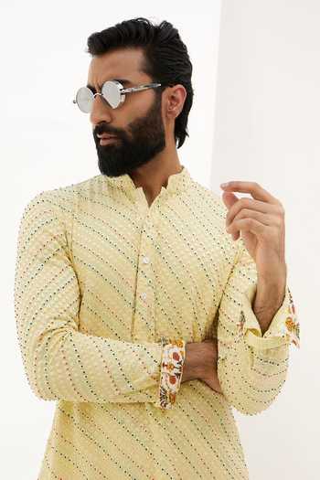 Buy_Arjan Dugal_Yellow Cotton, Silk, Georgette, Lycra Straight Floral Kurta With Pant 