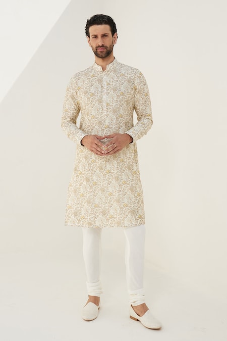 Arjan Dugal Floral Print Chanderi Silk Kurta Set 